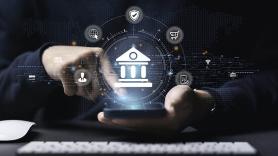 Businesses use smartphones with online banking digital technology, mobile banking for shopping, payment, finance, bank, account, transfer, credit card, financial and global business online