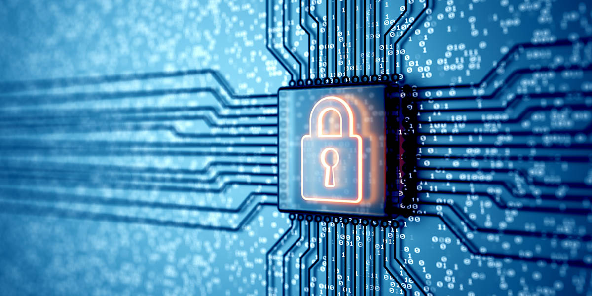 Electronic quantum computer microchip with lock icon. Internet security and privacy network technology. Circuit board. 3d render