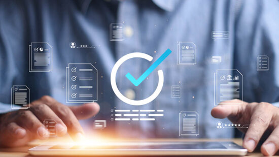 Businessman Take an assessment, Check list, questionnaire, evaluation, filling out an online survey form. Answer the test questions. online survey exam Choosing the right answer in the exam,