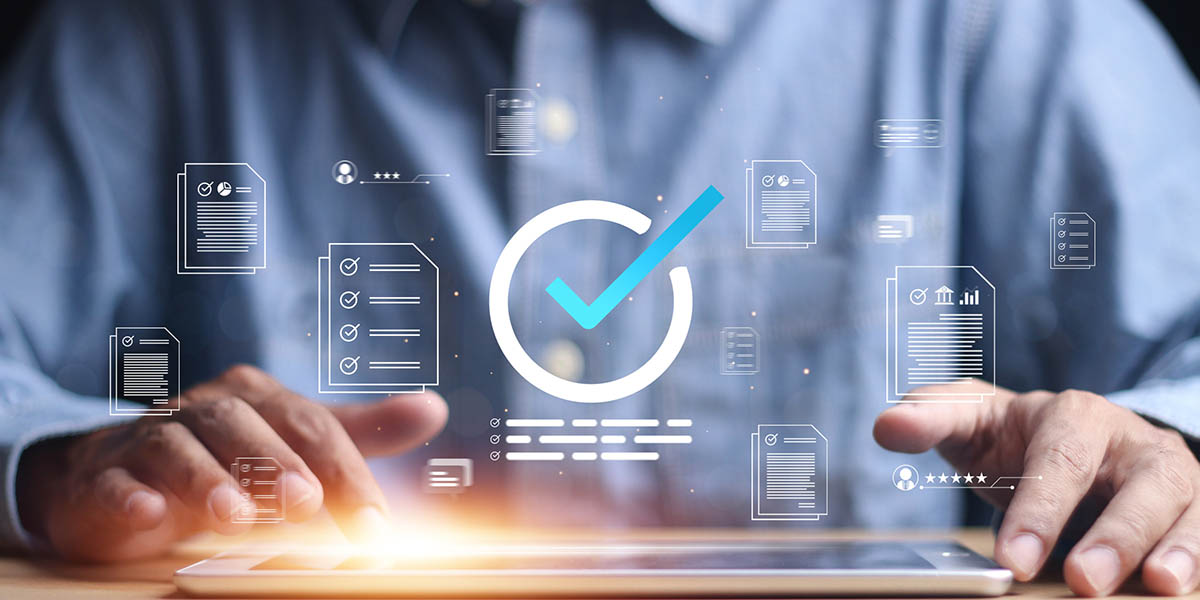 Businessman Take an assessment, Check list, questionnaire, evaluation, filling out an online survey form. Answer the test questions. online survey exam Choosing the right answer in the exam,