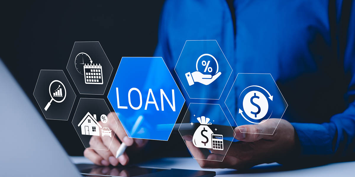 Loan and lending cash for asset purchase concept. Digital interface featuring loan and financial icons, lending, interest rates, asset purchases, and financial management for individuals or businesses