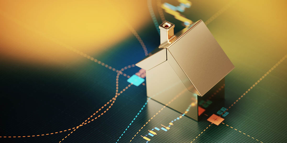 House Symbol Sitting over A Bar Graph - Stock Market and Real Estate Concept